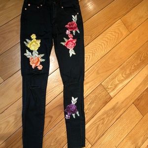 Floral Embridored Black Jean